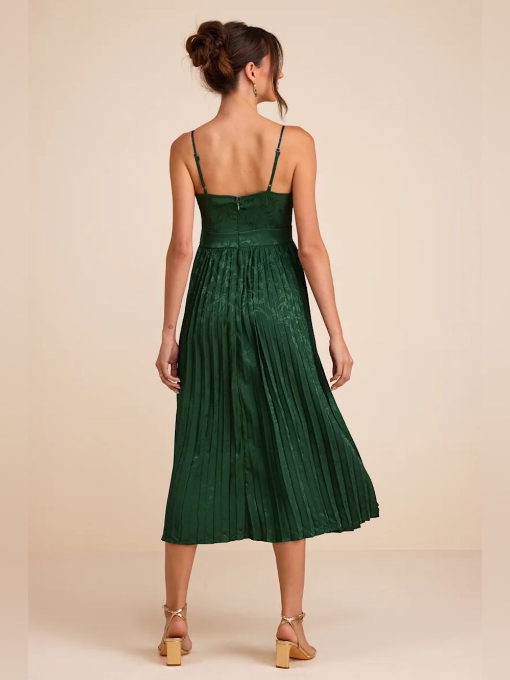 Lulus Regal Romance Emerald Floral Jacquard Pleated Satin Midi Dress - Picture 3 of 9